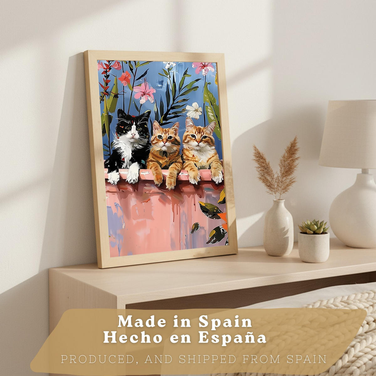 PLAKAT Sada 3 Funny Cats A4 Lehký dřevěný rám - béžová, papír (29.7/1/21cm) - Nacnic