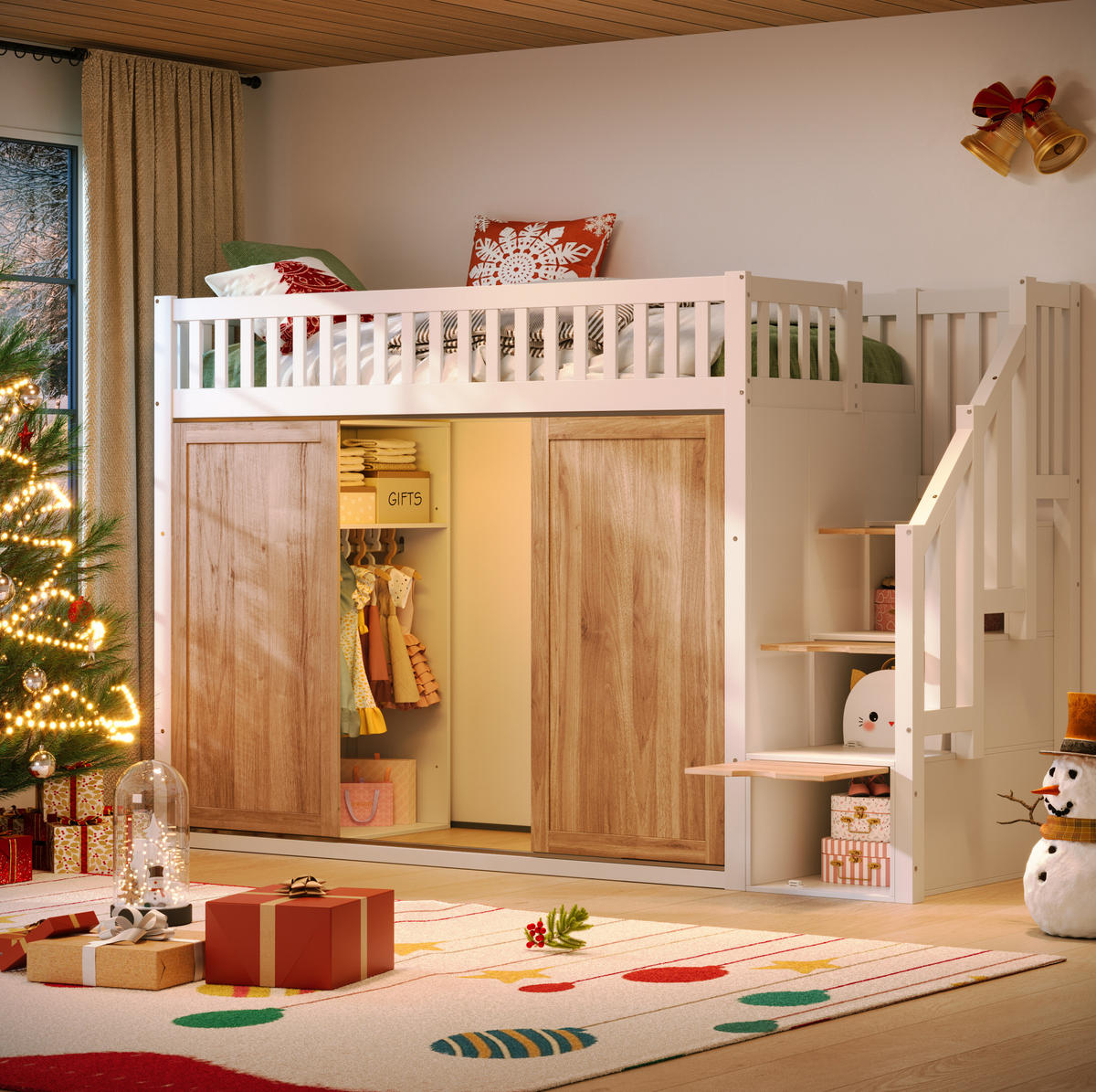 HOCHBETT 90/200 cm weiß/eichefarben aus Massivholz mit Schrank und Treppe - Weiß, Holzwerkstoff (90/200cm) - OKWISH