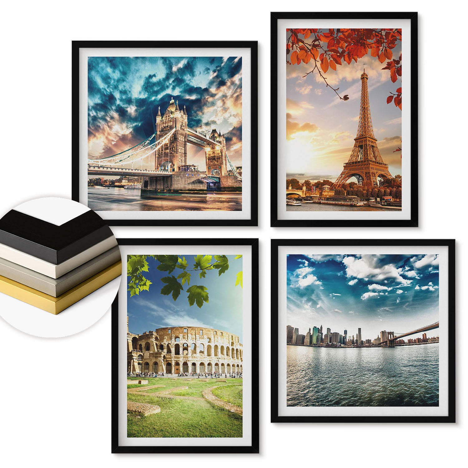 WANDBILDER 4er-Set - 50x50 cm & 40x60 cm Schwarzer Rahmen - Denkmäler Europas in warmen Farben - Schwarz, Kunststoff (50/50cm) - ArtPrintCave