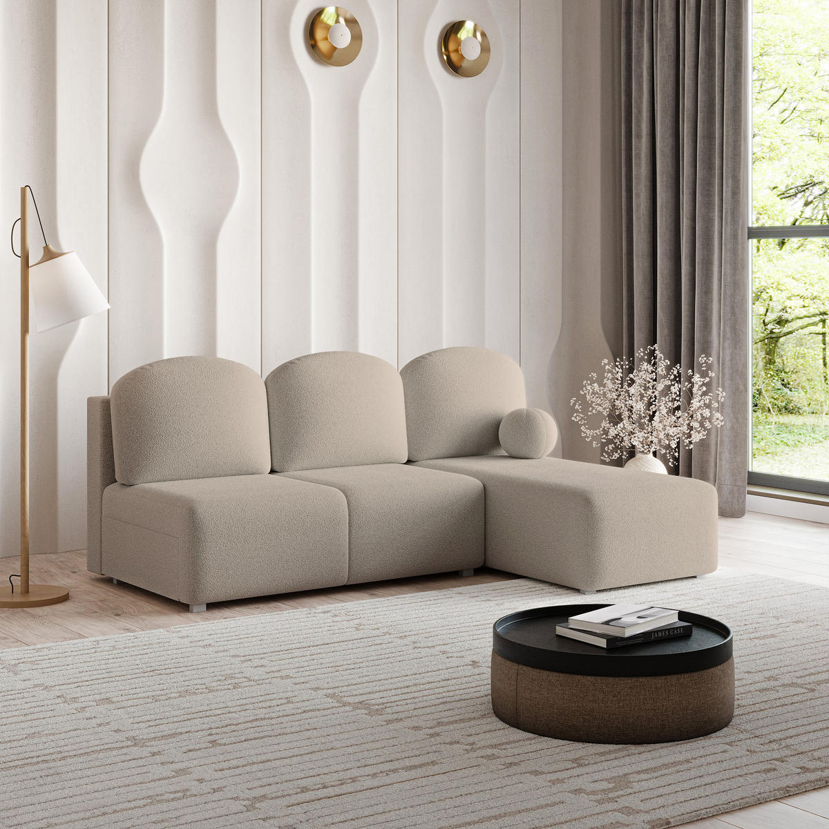 ECKSOFA TRAMA Beige Boucle-Stoff mit Schlaffunktion - Beige, Holz (200/143cm) - MASSENO