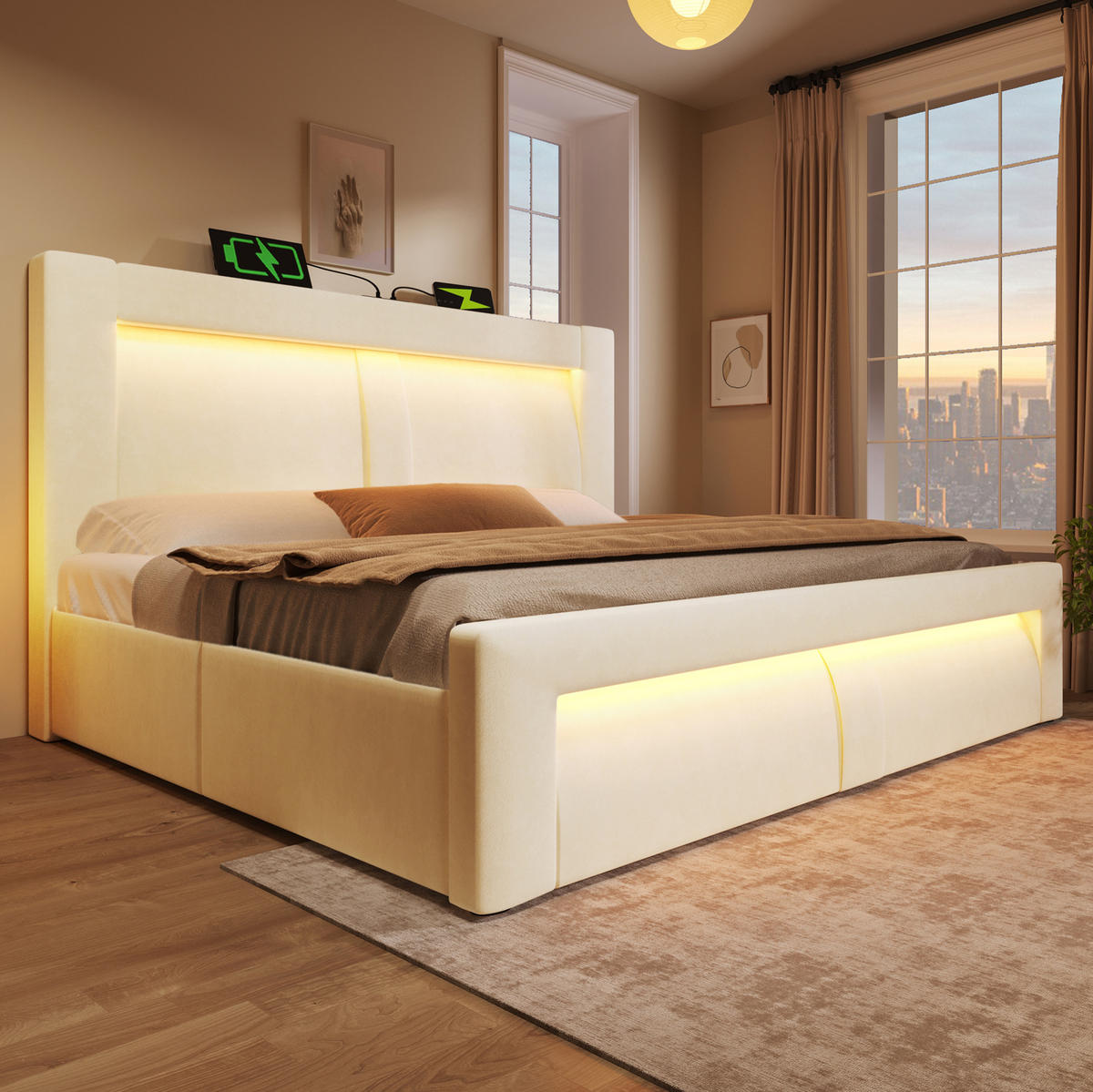 ČALÚNENÁ posteľ 180/200 cm béžová zamatová s úložným priestorom LED osvetlením a USB nabíjaním - béžová, textil (180/200cm) - OKWISH