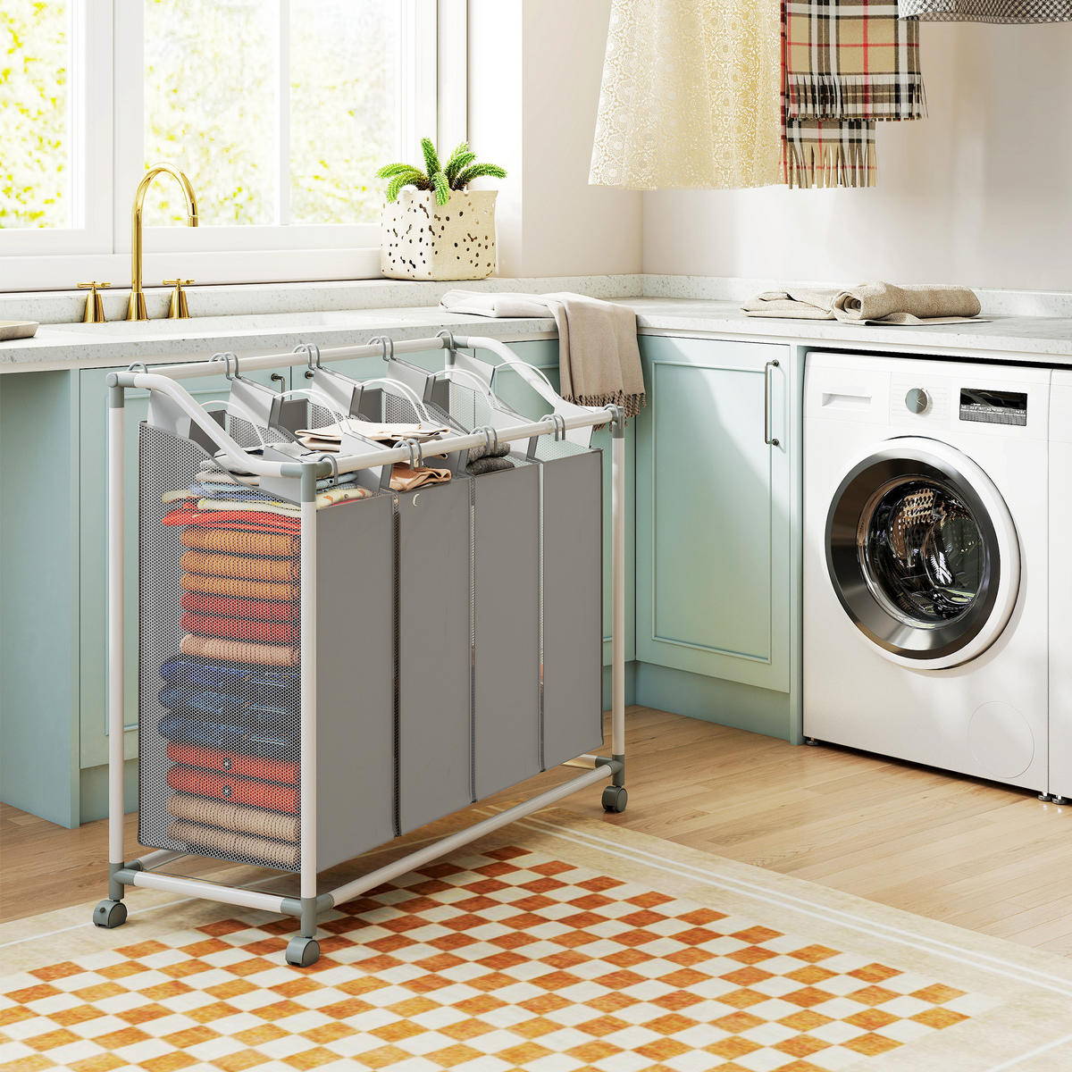 WÄSCHEKORB mit 4 Fächer 160 L Wäschesammler mit Räder herausnehmbarer Wäschesack - Grau, Textil (38/81/97cm) - HOMCOM