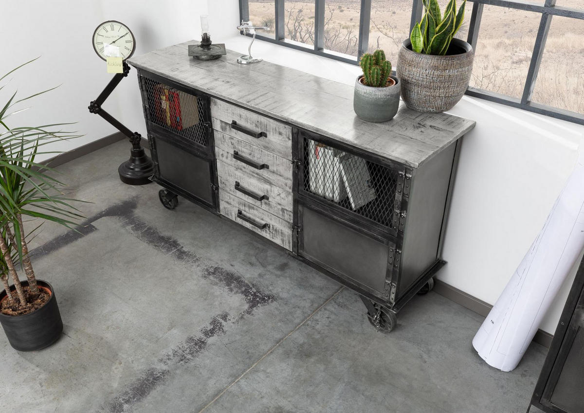 SIDEBOARD Mango 153x40x80 grau lackiert HEAVY INDUSTRY #153 - Grau, Holz (153/80/40cm) - Massivmoebel24