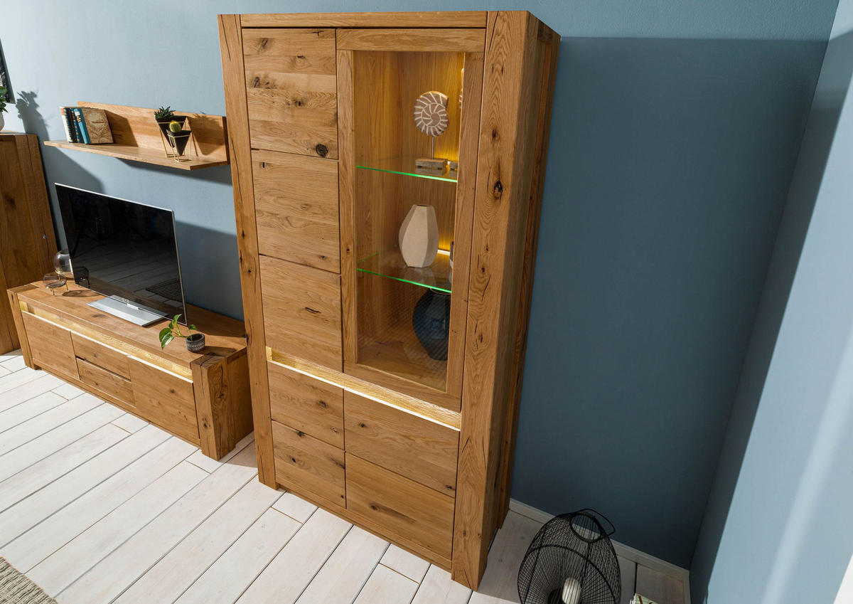 VITRINE Wildeiche 113x40x205 braun geölt KENT #203 - Braun, Holz (113/205/40cm) - Massivmoebel24
