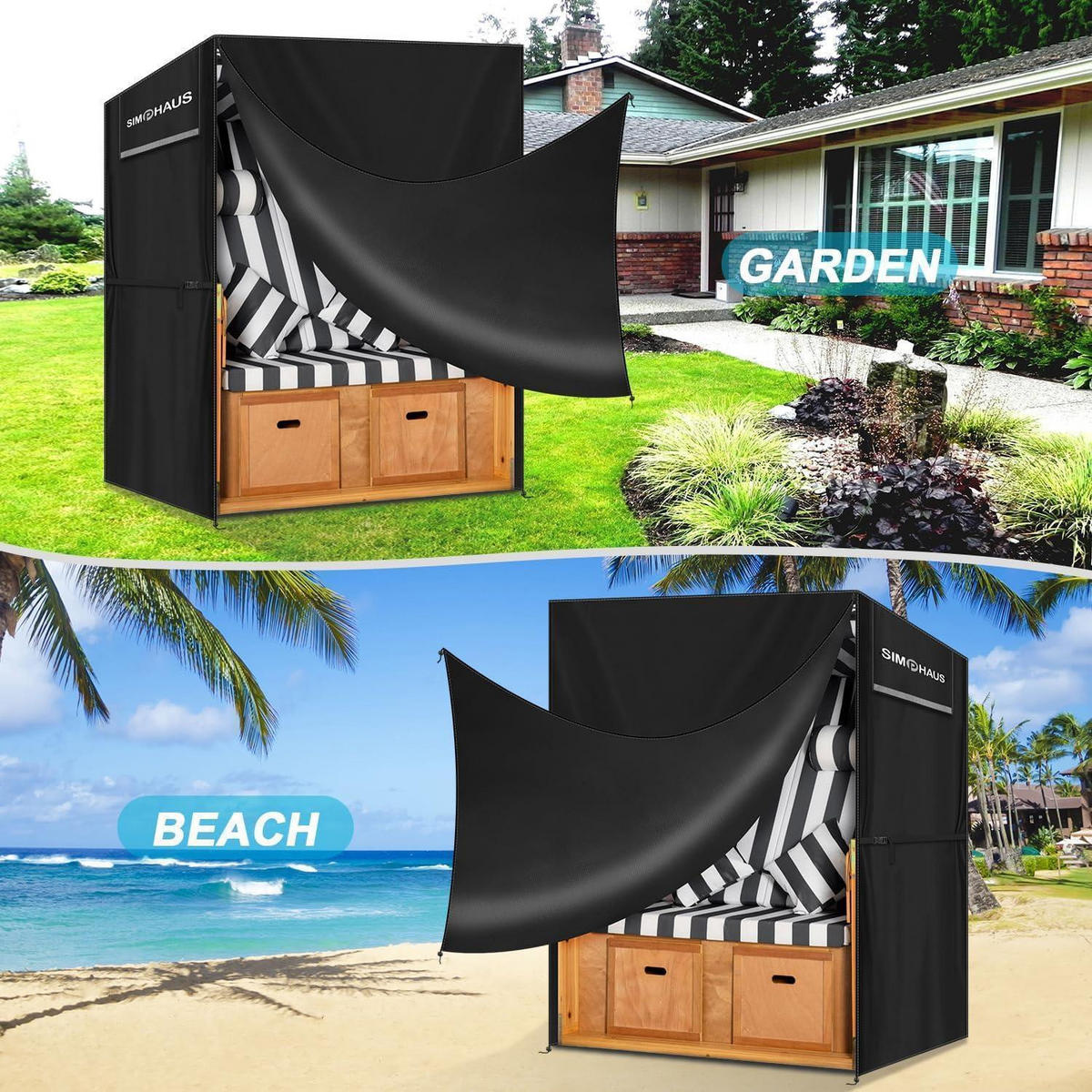SCHUTZHÜLLE für Strandkorb 120x90x155/140cm 420D Oxford Gewebe Winterfest - Schwarz, Kunststoff (90/155/155cm)