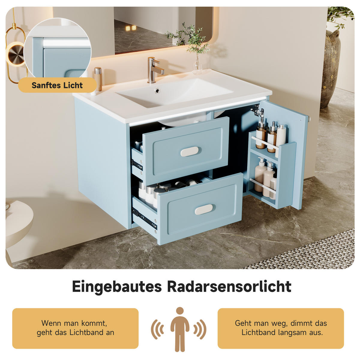 BADEZIMMER-HÄNGESCHRANK 76×46×51 cm, blau, lackiert, mit LED-Radarsensor-Beleuchtung, 2 Schubladen, leisen Gleitschienen und integriertem Waschbecken - Blau, Holzwerkstoff (46/51/76cm) - Ej. Life