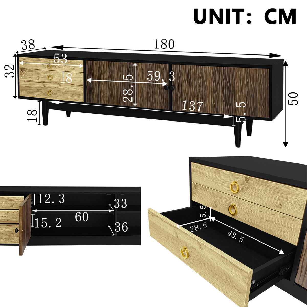 TV-SCHRANK in Schwarz und Natur mit 2 Türen und 3 Schubladen 180/38/50 cm - Eichefarben, Holzwerkstoff (180/38/50cm) - Redom
