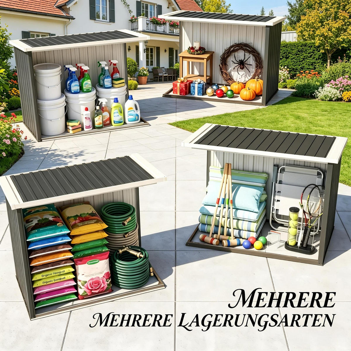 GERÄTEHAUS 147/86/134 cm mit Grau 2 Türen, Boden nicht enthalten - Schwarz, Metall (86/134/147cm) - Oxeza