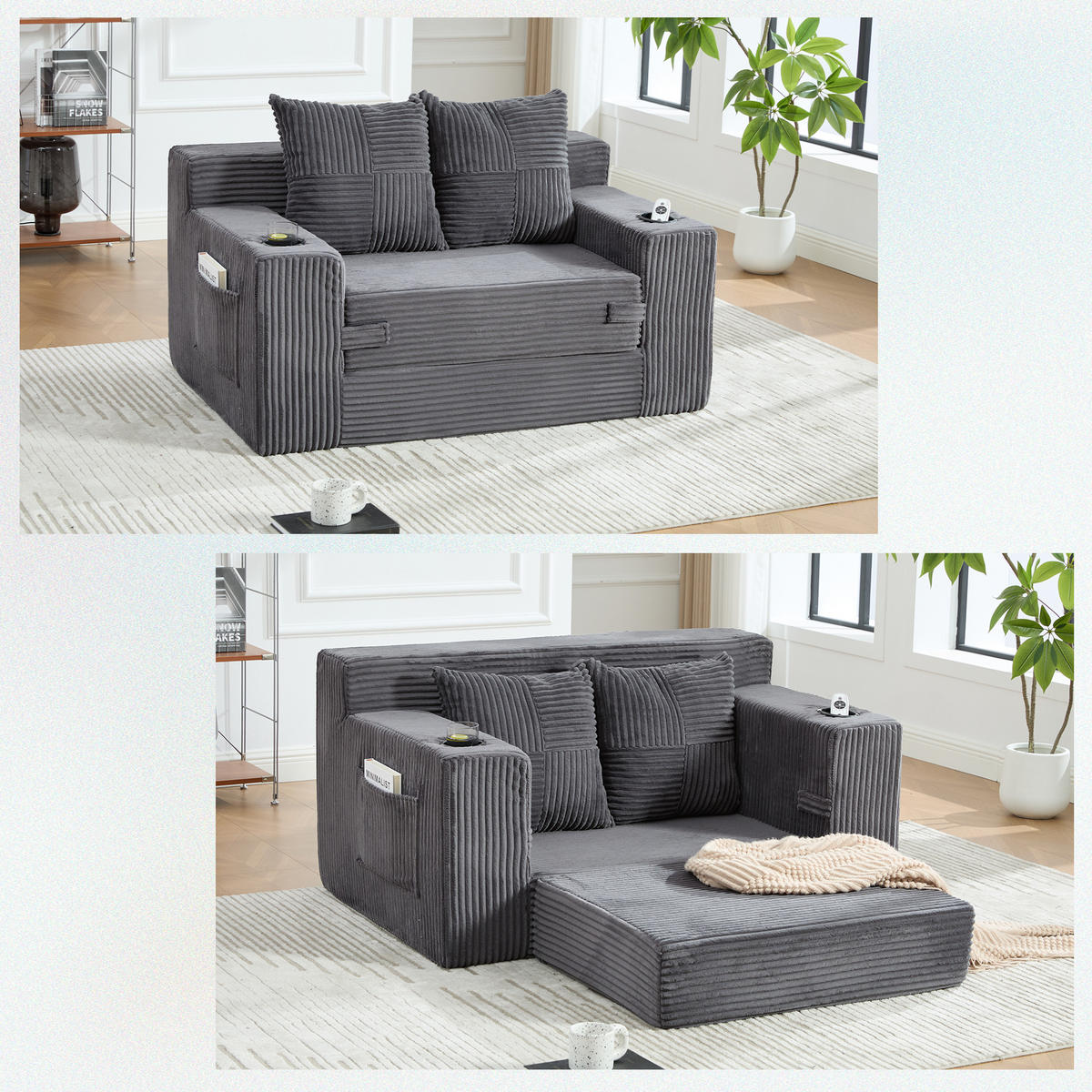 1,5-SITZER ausklappbar, Getränkehalter/Seitentasche, Cord, Grau - Grau, Textil (133/64/87cm) - LVHOM