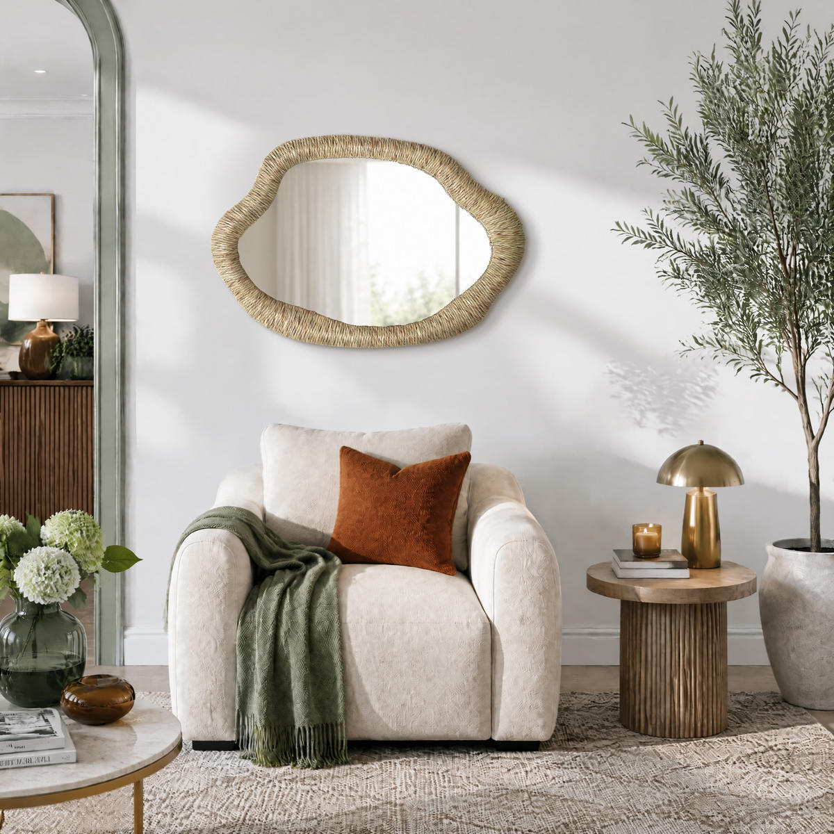 50CM Wandspiegel HTA0407 - Dunkelgelb, Naturmaterialien (3.5/75/50cm) - Hometopia