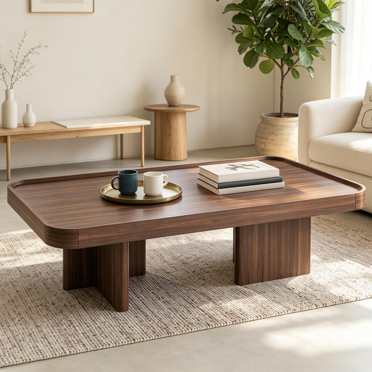 COUCHTISCH 100x50x35,5cm Walnuss-Optik Abgerundete Ecken Retro-Stil - Braun, Holz (111/55.5/14.5cm) - Raelunyi