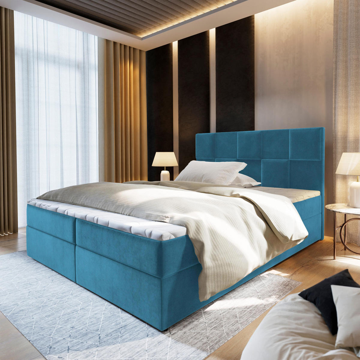 BOXBETT PRATA 160x200 cm mit Matratze und Topper - Blau - Hellblau, Holz (160/200cm) - MASSENO