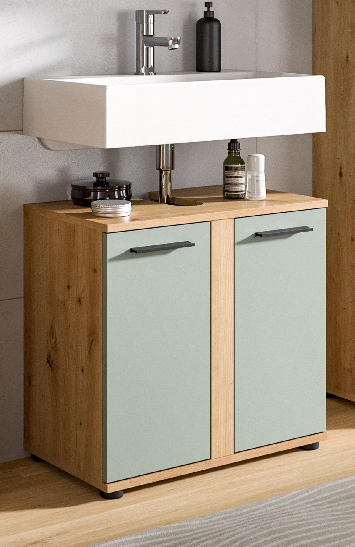 WASCHBECKENUNTERSCHRANK Salbei, Artisan Eiche, Badezimmer Unterschrank 60 cm - Salbeigrün/Schwarz, Holzwerkstoff/Kunststoff (60/57/34cm) - Inn.Furn