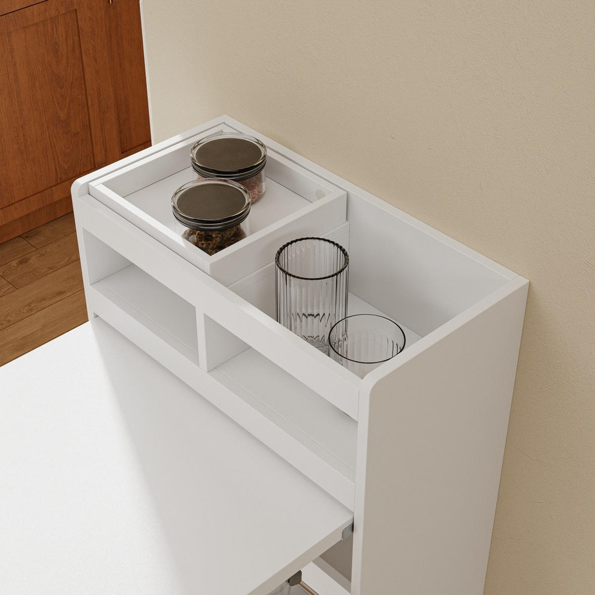 KUCHYŇSKÝ vozík s výsuvnou pracovní deskou a úložným prostorem - barva javoru, kožešina (65.3/120/199.5cm) - SoBuy