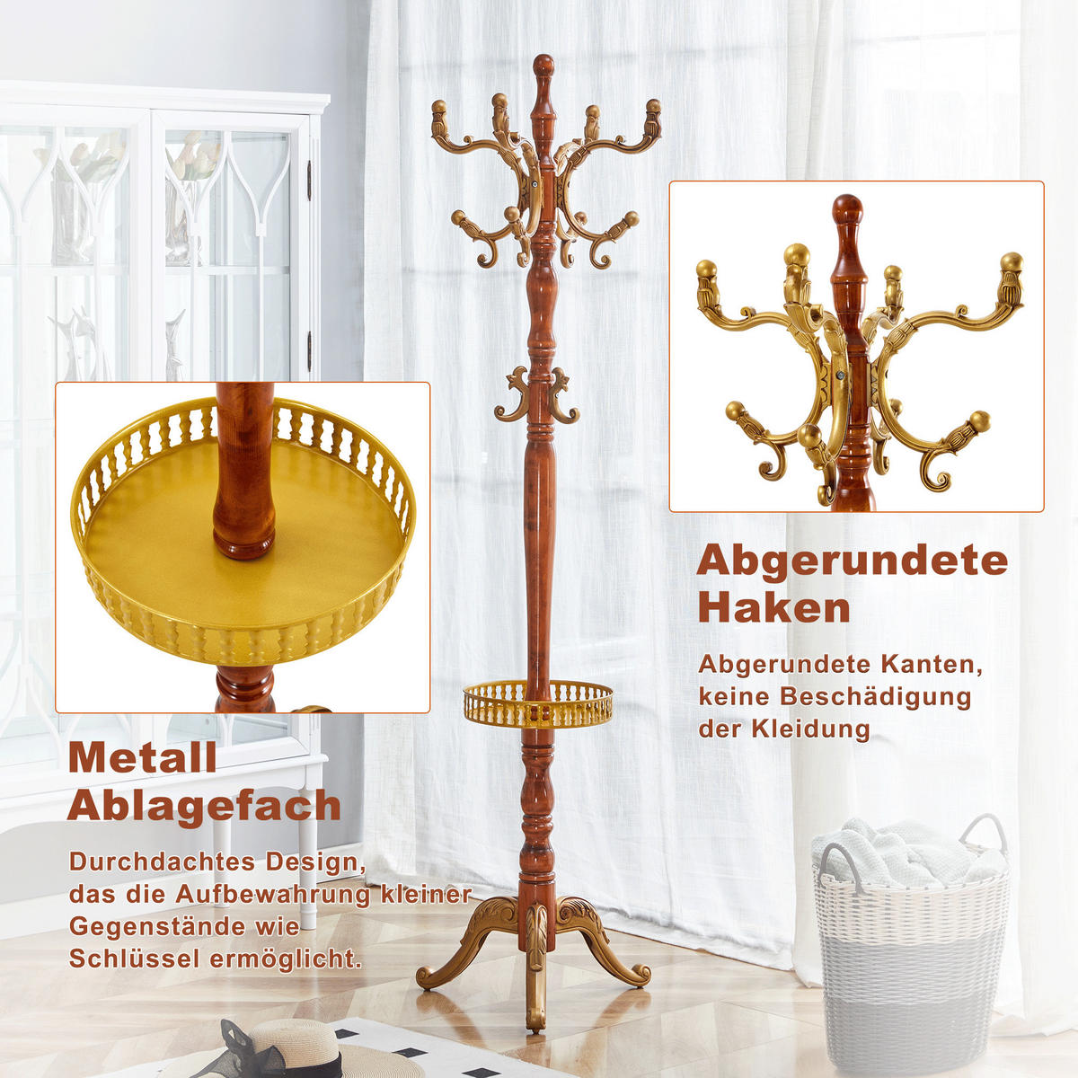 GARDEROBENSTÄNDER massivholz in holz- & gold-optik mit regenschirmhalter und mehrstöckigen haken - Eichefarben, Holz (50/195/50cm) - Urban Meuble