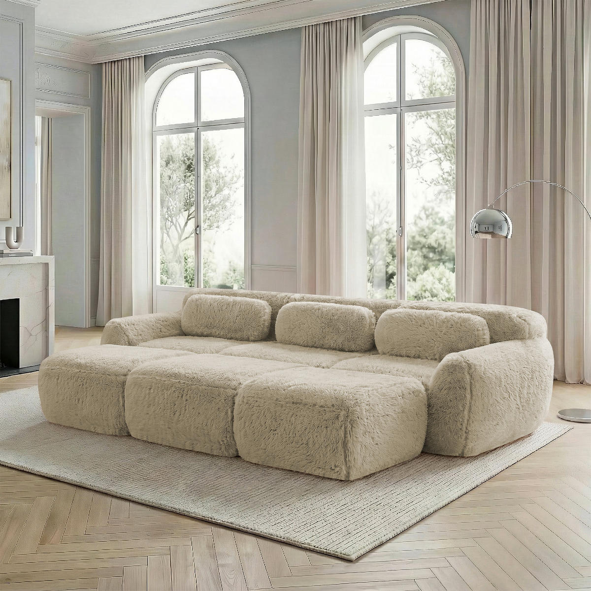 WOHNLANDSCHAFT Plüsch Hellkhaki mit 3 Ottomanen - Beige, Textil (291/73/179cm) - WISHDOR