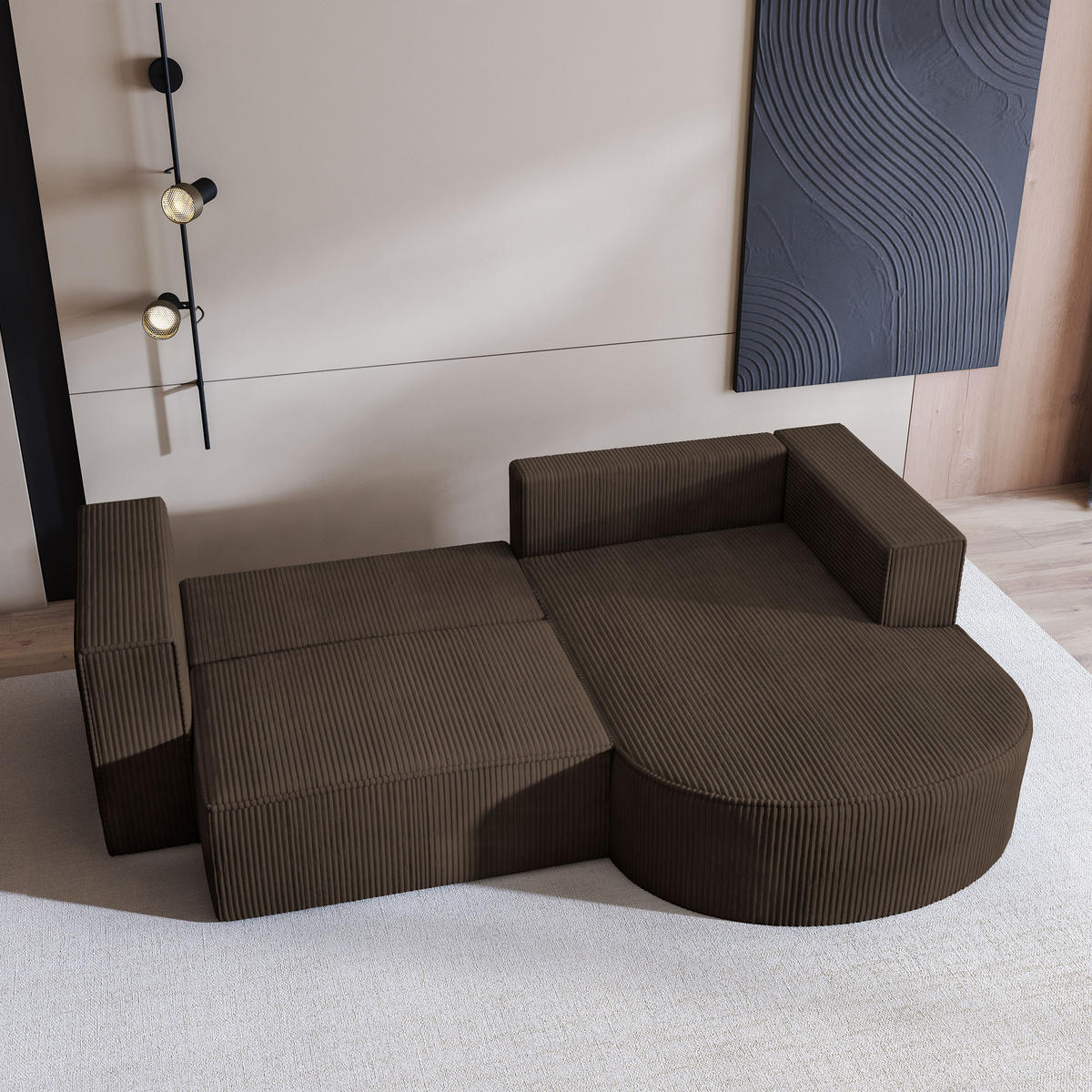 ECKSOFA SORELA P R-S Braun Kordstoff mit Schlaffunktion - Braun, Holz (263/174cm) - MASSENO