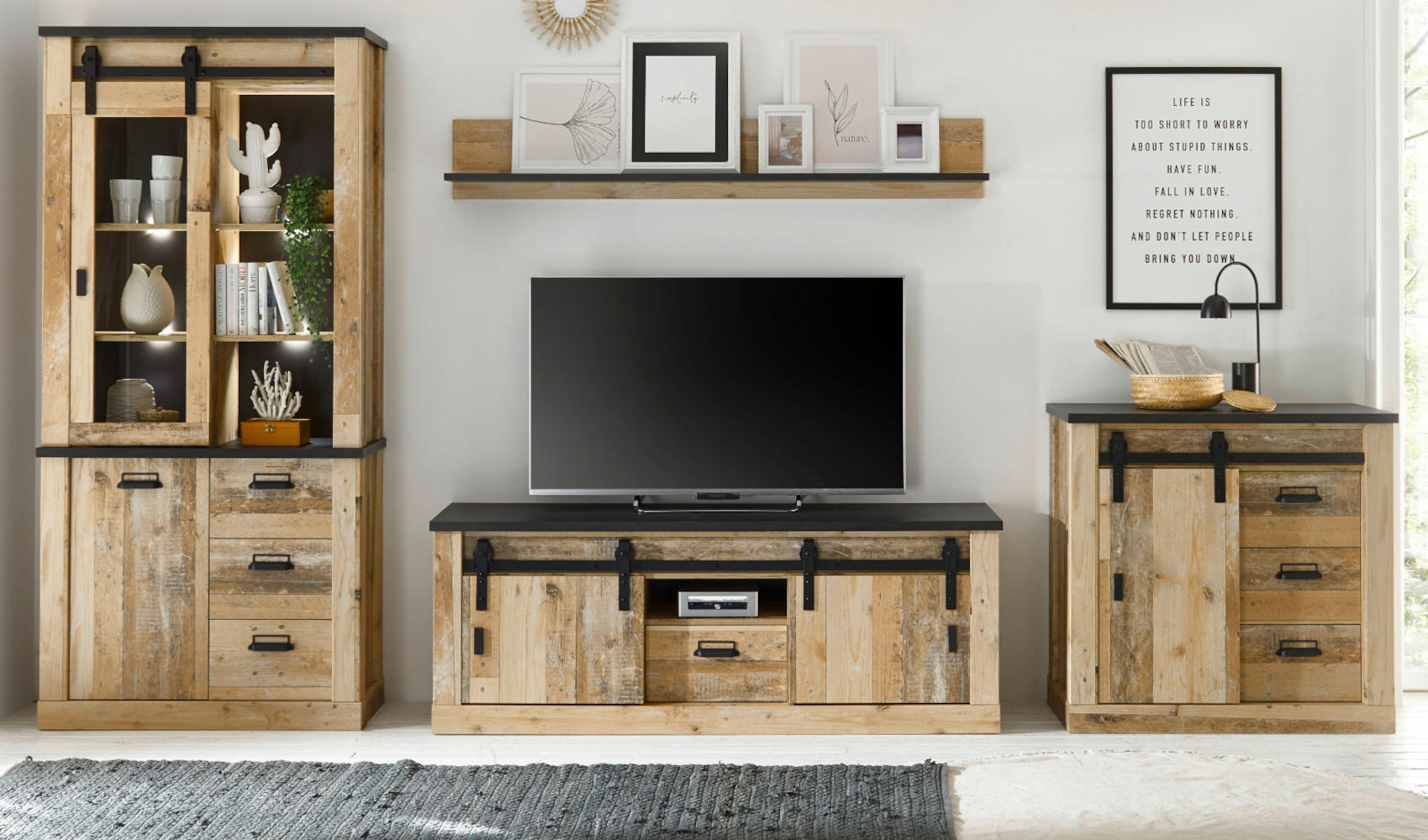 WOHNWAND Used Wood hell, anthrazit 4-teilig 388 cm, Schrankwand mit Soft-Close - Anthrazit/Schwarz, Glas/Holzwerkstoff (388/201/43cm) - Furn.Design