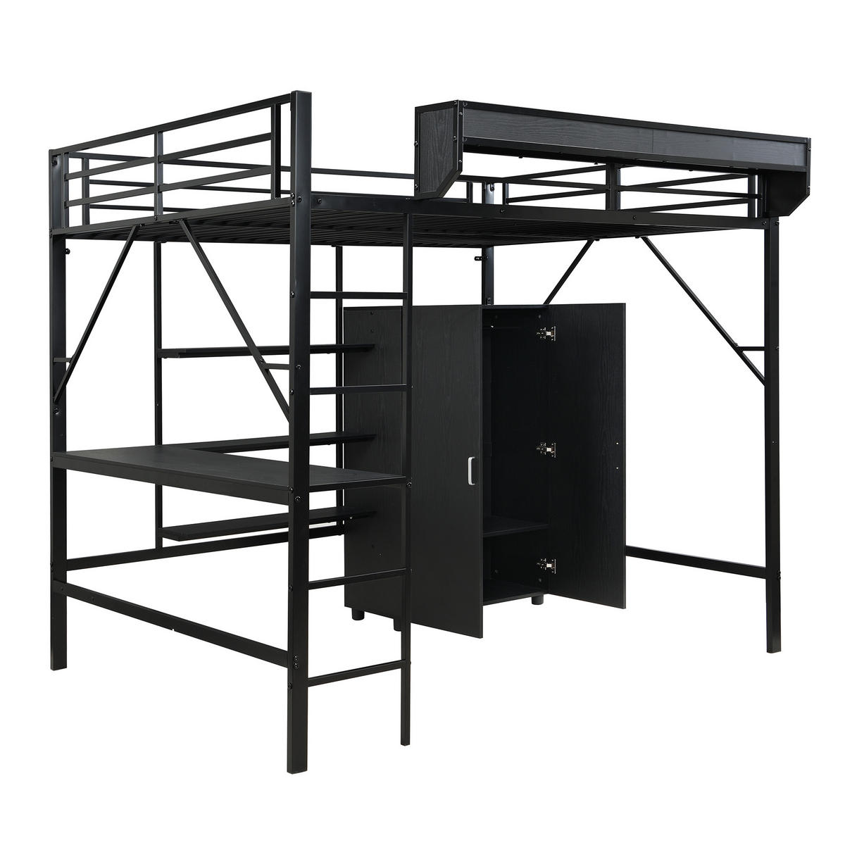 HOCHBETT 140/200 cm schwarz aus Metall und MDF mit Schreibtisch und Kleiderschrank - Schwarz, Holzwerkstoff (140/200cm) - OKWISH