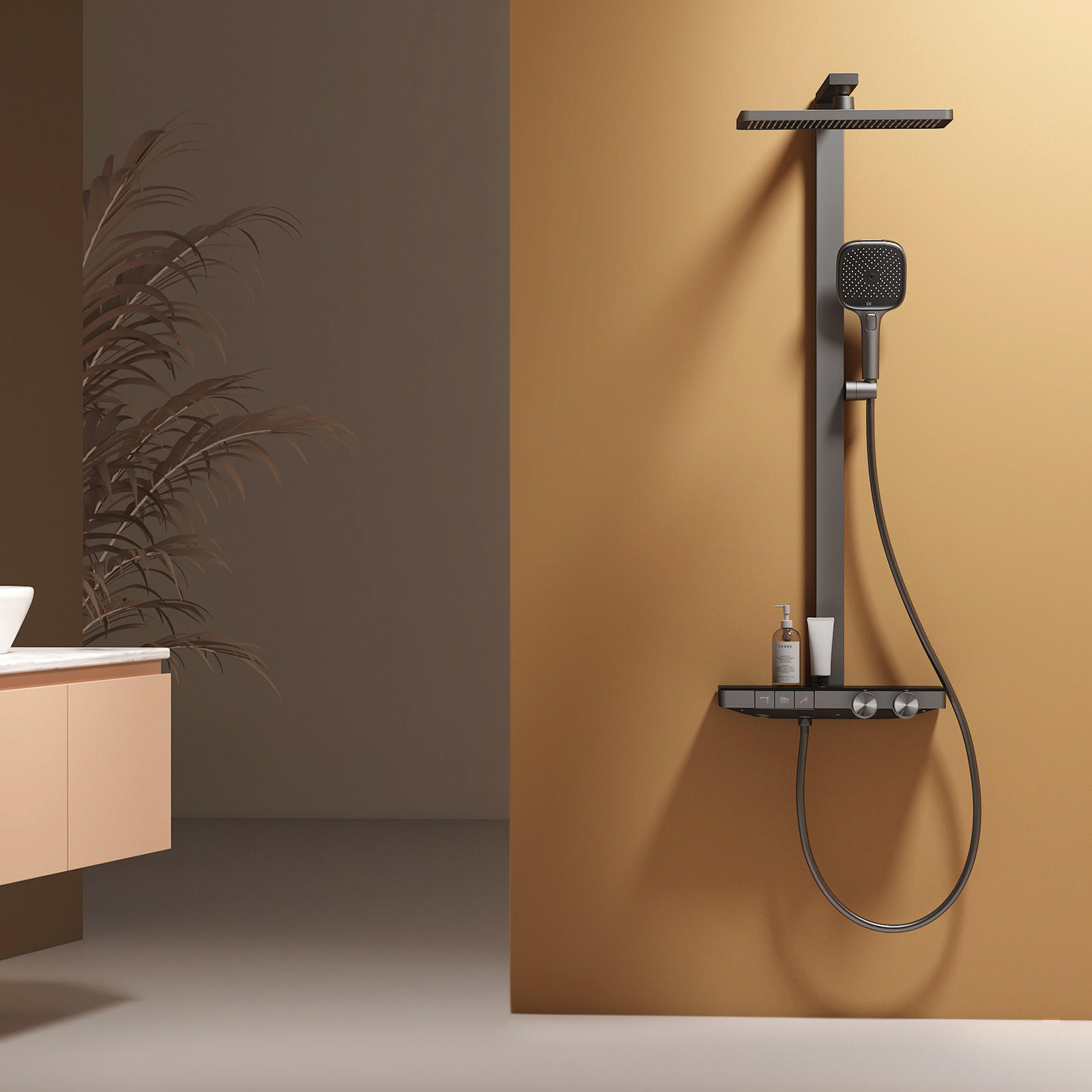 ÜBERKOPFBRAUSESET mit Thermostat Einstellbarer Durchfluss 4-Strahl Anthrazit Matt - Anthrazit, Metall (40.2/105/57.3cm) - EMKE