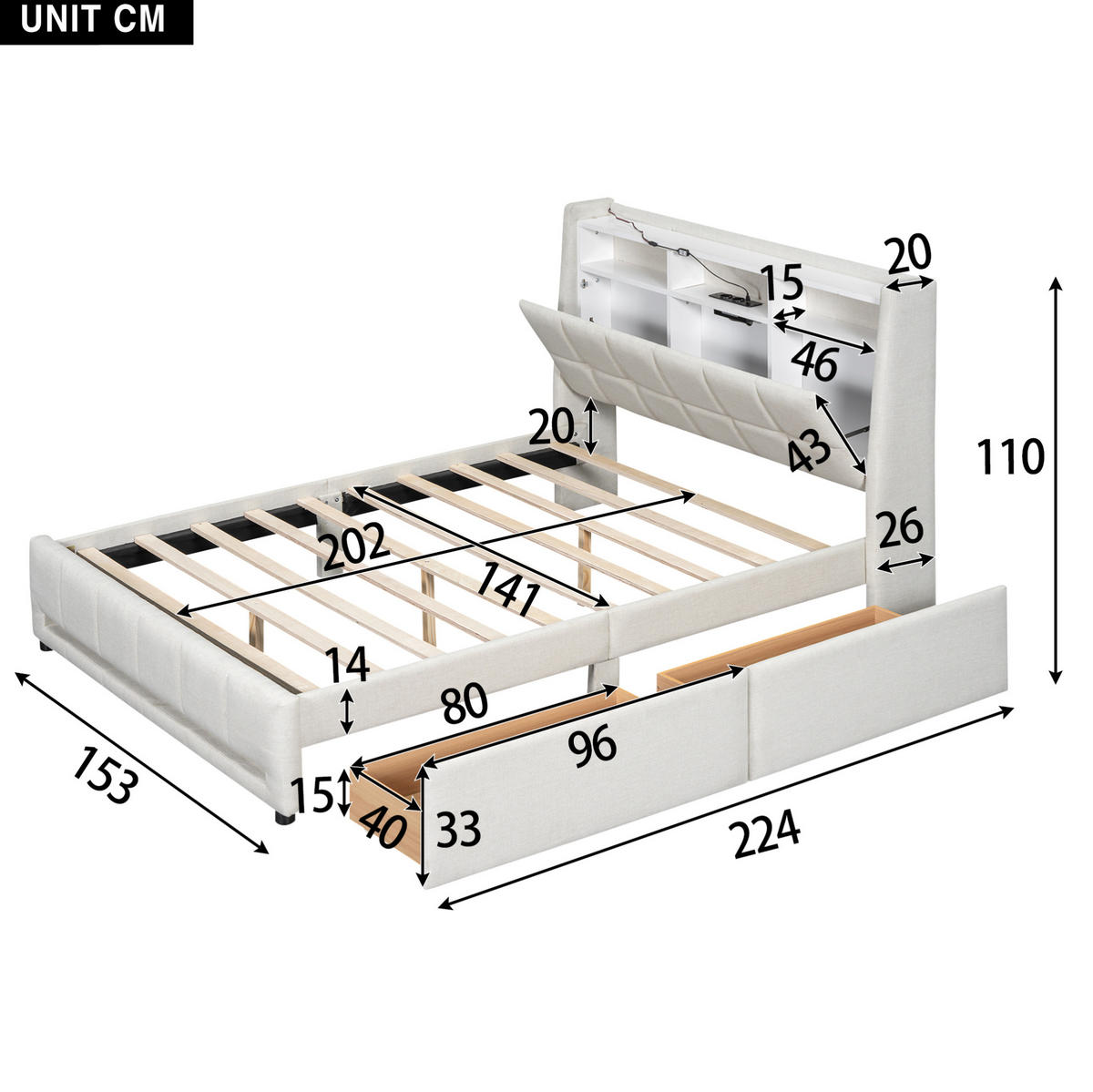 POLSTERBETT 140/200 cm Beige mit Stauraum, USB und LED-Beleuchtung - Beige, Textil (140/200cm) - Flora Grace