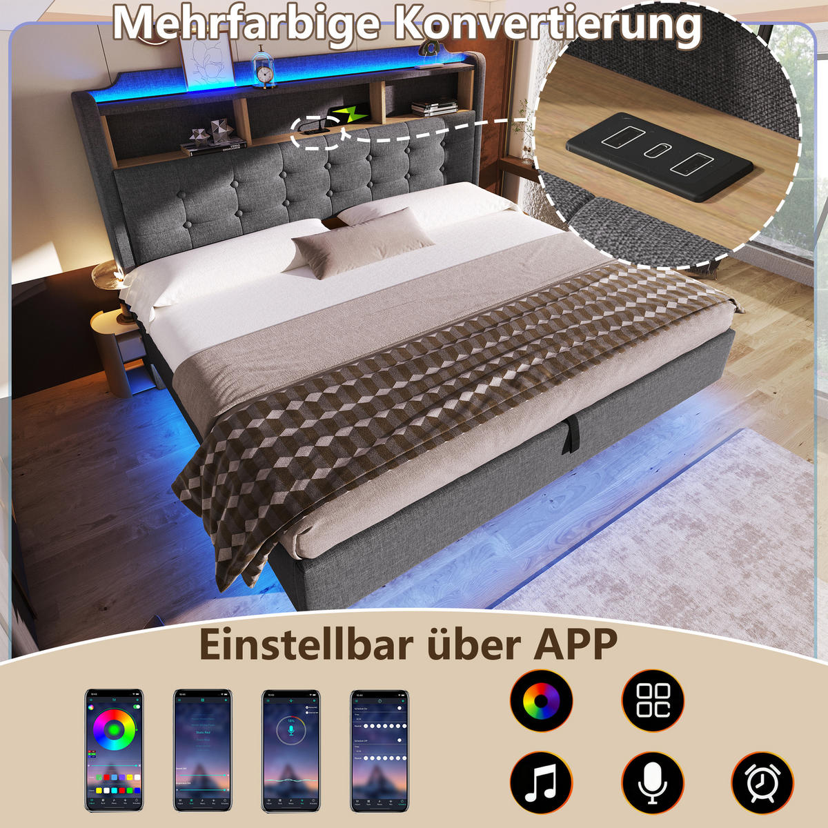 POLSTERBETT 180/200 cm in Grau mit Stauraum, LED, USB- und Type-C-Anschlüssen, Leinenbezug und schwebendem Design - Grau, Holzwerkstoff/Textil (180/200cm) - STILVORA