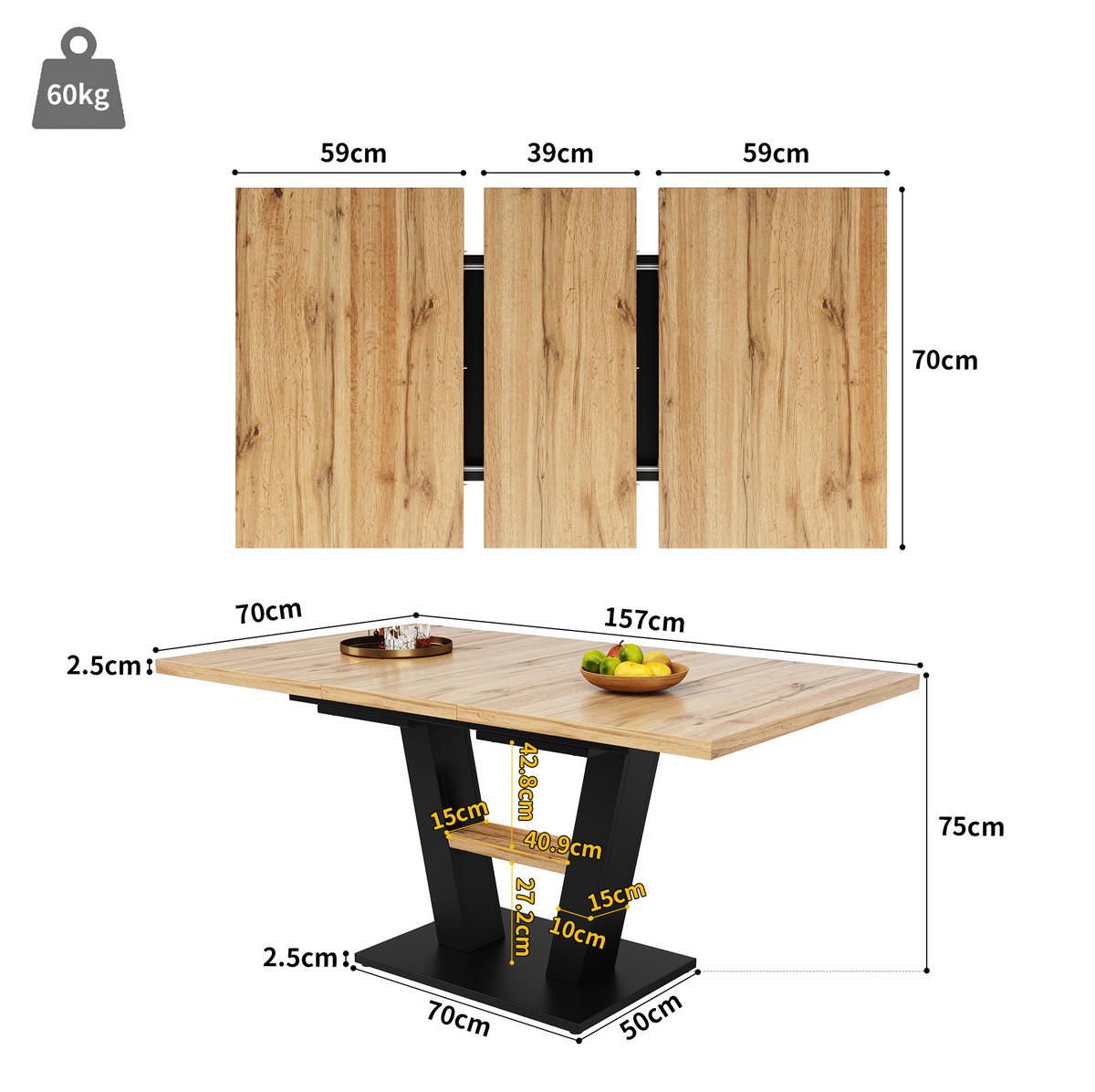 ESSTISCH 118-157/70/75 cm Schwarz/Natur aus MDF und Metall mit Ausziehfunktion - Naturfarben, Holzwerkstoff (157/70/75cm) - OKMYHOME
