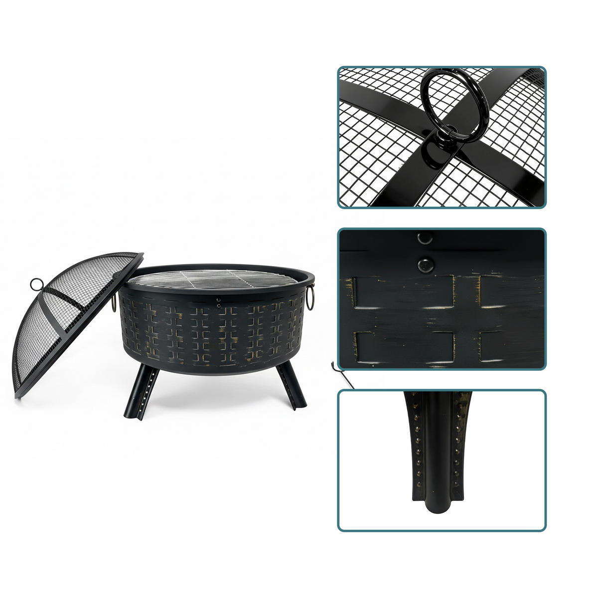 FEUERSCHALE Schwarz Stahl Grillrost - Schwarz, Metall (66/62/66cm) - Relaxdays