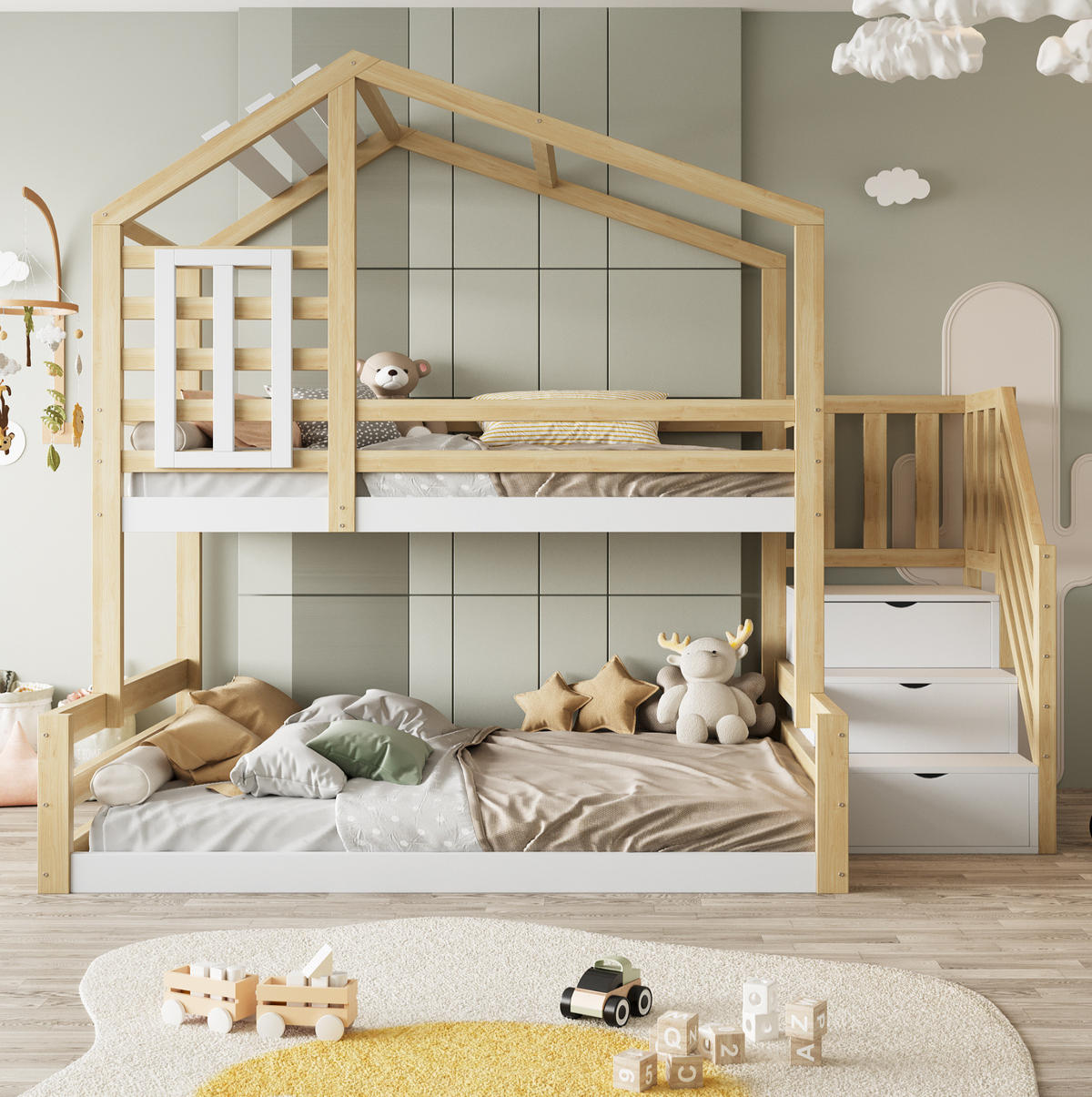 ETAGENBETT aus Kiefernholz 90x200/140x200 cm in Natur mit Treppenschrank & Fenster - Naturfarben, Holz (90/200cm) - Modfu