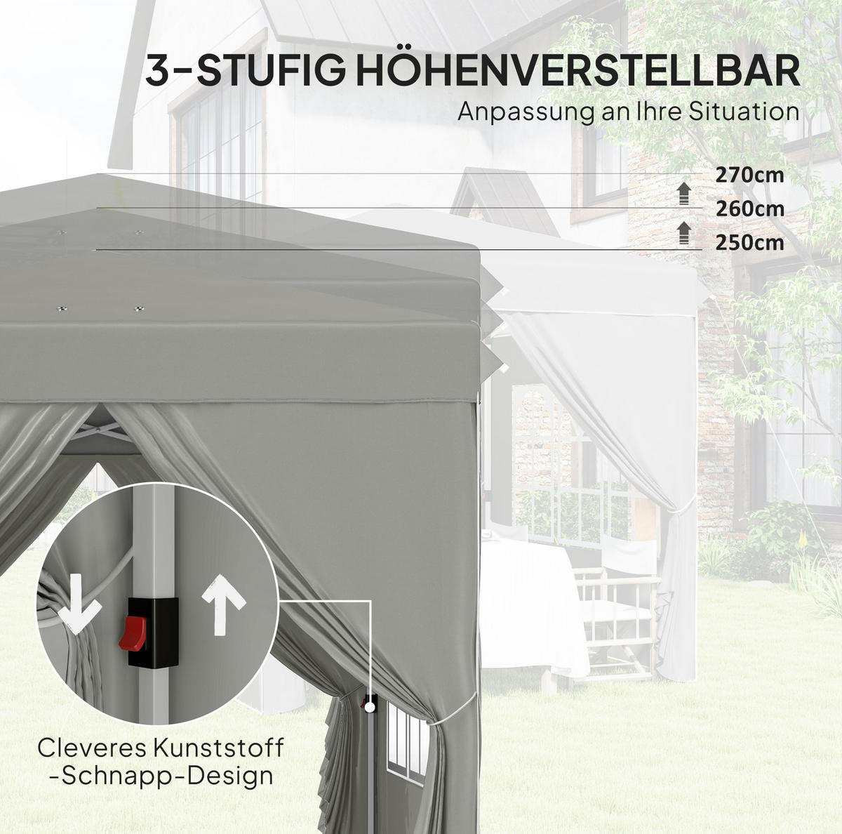 PAVILLON 248/248/270 cm faltbar mit Pop-up-Mechanismus, UV-Schutz und höhenverstellbarem Gestell, Hellgrau - Hellgrau, Textil (248/270/248cm) - Redom