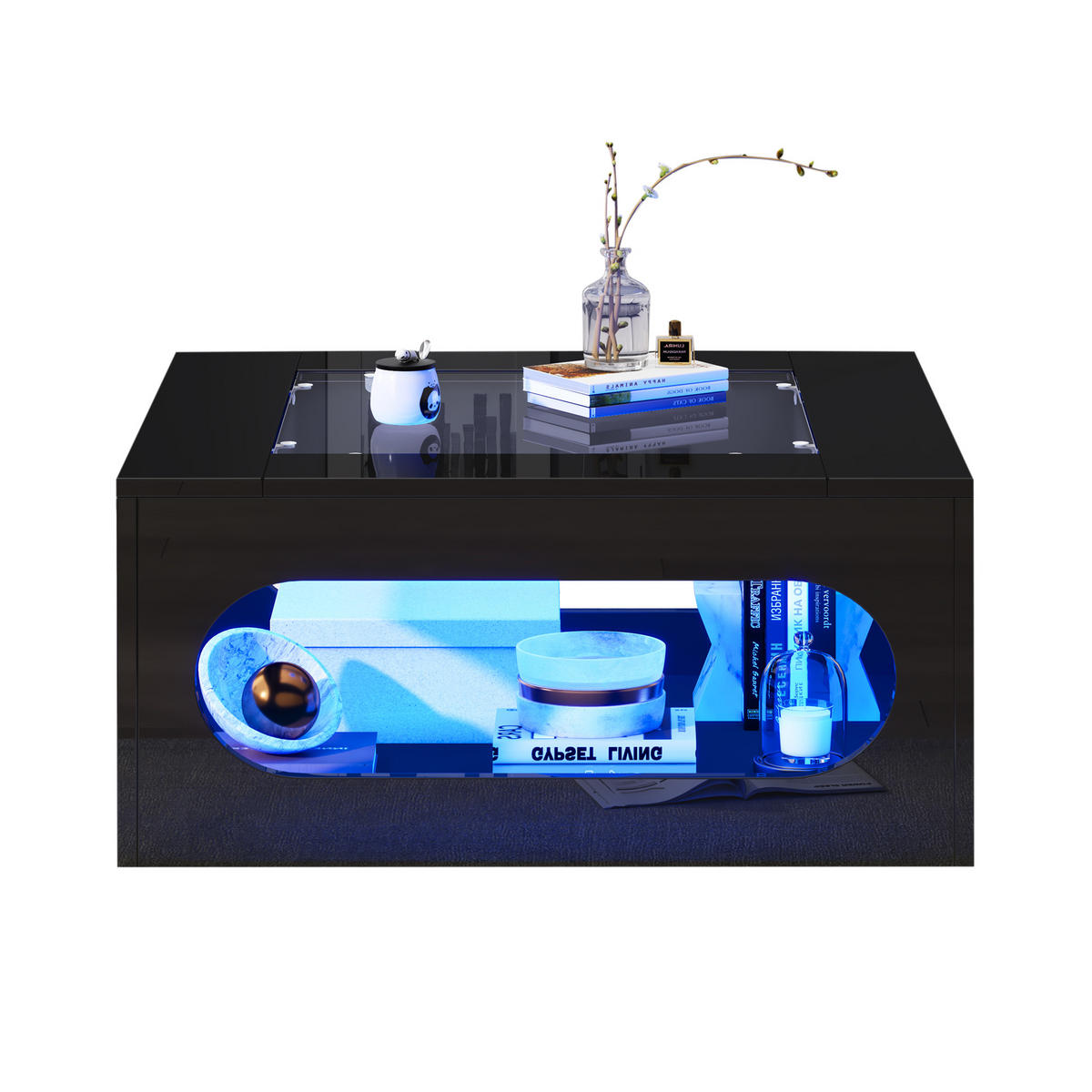 KONFERENČNÍ stolek 70/70/35 cm černý z MDF se skleněnou deskou a LED osvětlením - černá, kompozitní dřevo (70/70/35cm) - OKWISH