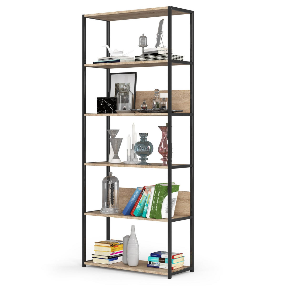 INDUSTRIEREGAL Schwarz, Sonoma Eiche 80x192x32 cm - Schwarz/Sonoma Eiche, Holzwerkstoff/Metall (80/192/32cm) - Akord