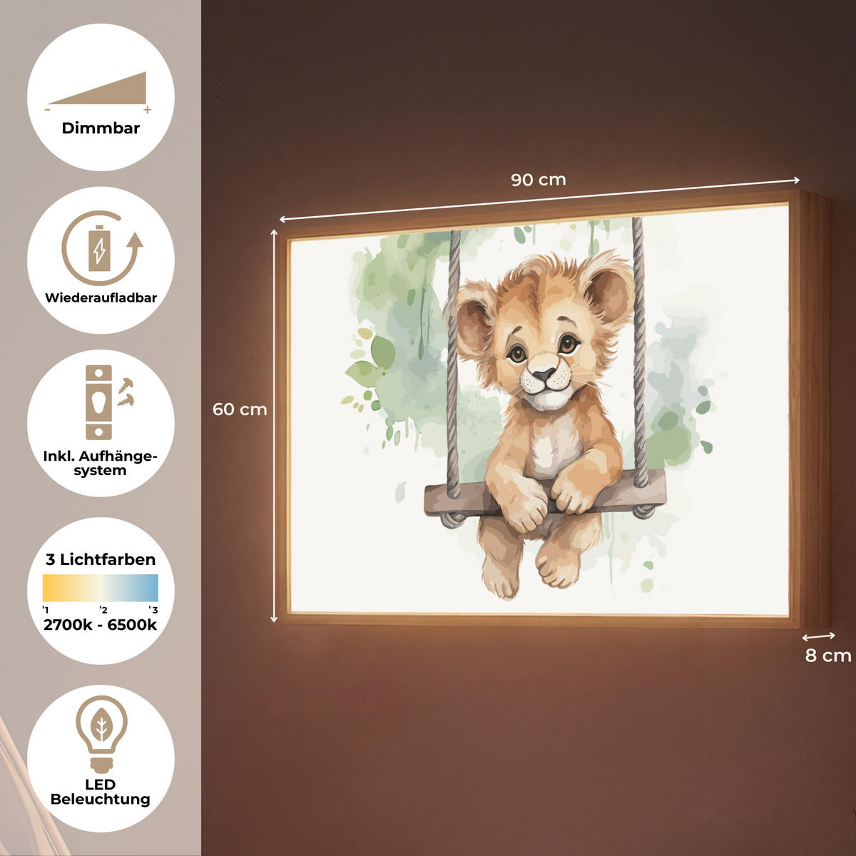 WANDLEUCHTE MIT AKKU Löwe - Tier - Kinder - Dschungel 90x60 cm - Weiß, Holzwerkstoff (90/60/8cm) - OnlyWow