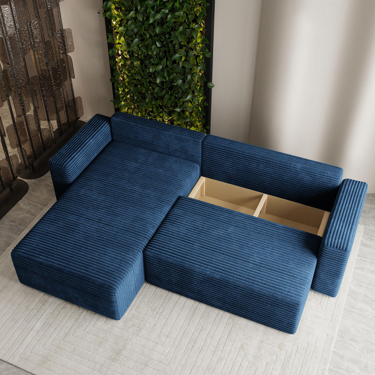 ECKSOFA CALTI T Blau Kordstoff mit Schlaffunktion - Blau, Holzwerkstoff/Textil (283/183cm) - MASSENO