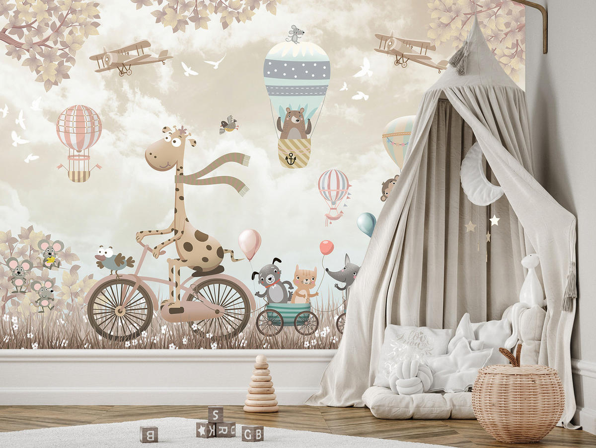 FOTOTAPETE Tiere auf Fahrrädern Luftballons Flugzeuge Pflanzen 450x315 - Blau/Beige, Papier (450/315cm) - Muralo