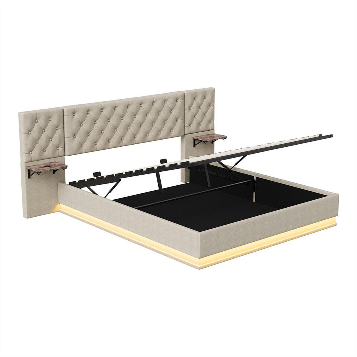 POLSTERBETT 140x200cm mit USB- & Type-C Ladeanschluss -Hydraulik-Stauraum und LED-Beleuchtung - Beige - Beige, Textil (140/200cm) - DELFA