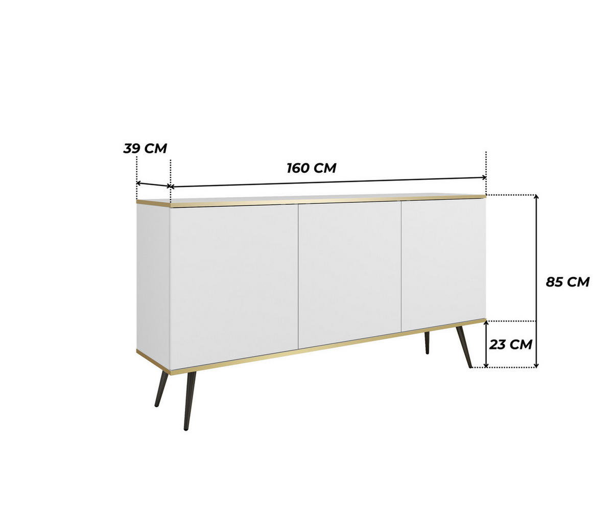 KOMMODE FORNO (Weiß, Goldene Details, 3 Türen, schwarze Metallfüße) - Schwarz/Weiß, Holz/Holzwerkstoff (160/85/39cm) - Ravio