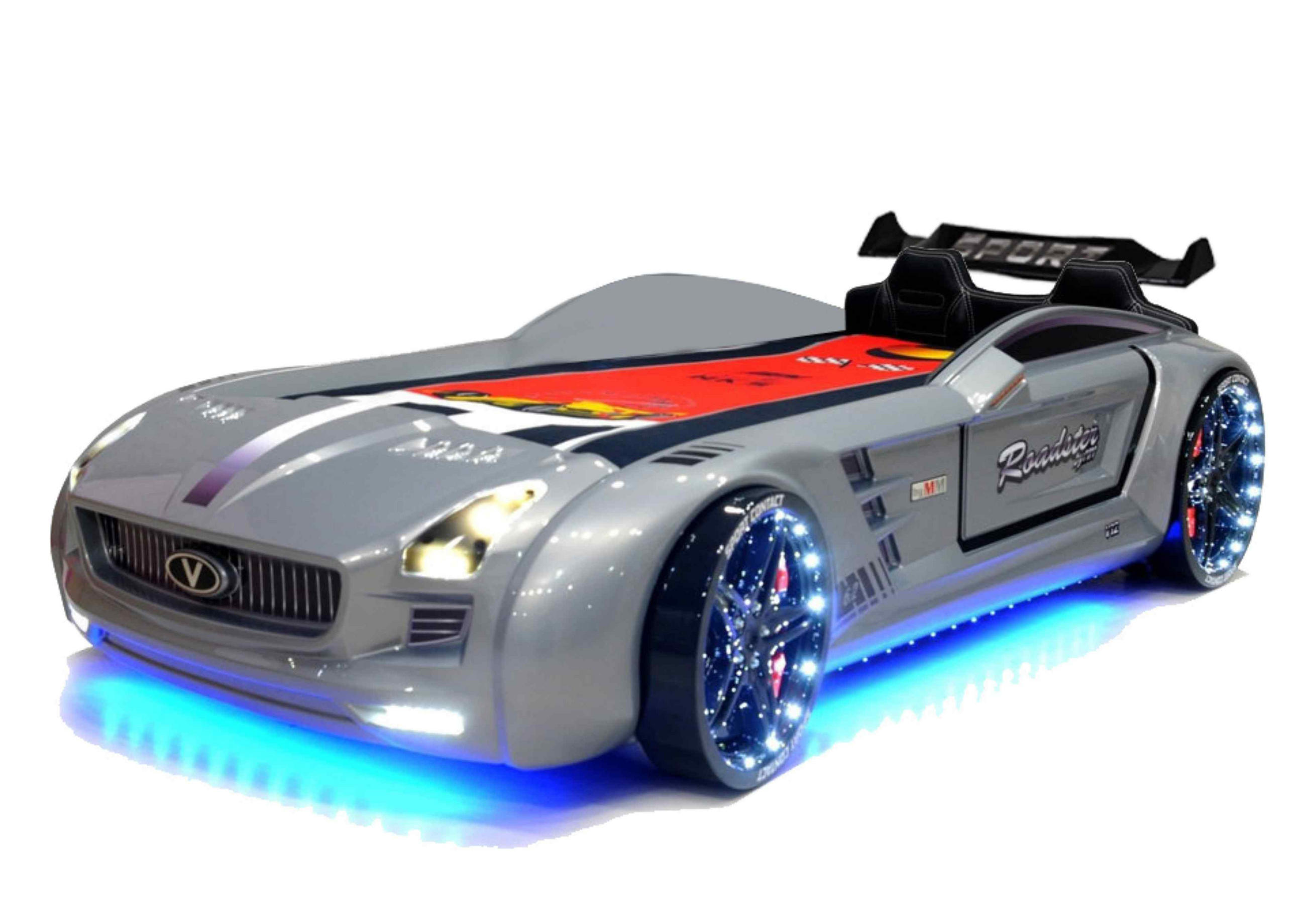 AUTOBETT Roadster Silber Kinderbett LED Sound Sportsitze Lattenrost Spoiler - Silberfarben/Schwarz, Holzwerkstoff/Kunststoff (90/190cm) - Aileenstore