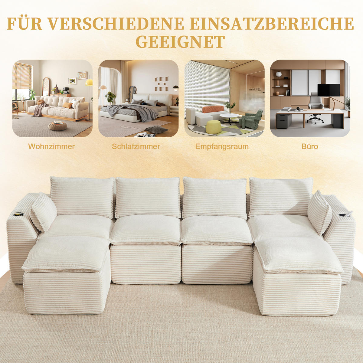 4-SITZER-SOFA aus Chenille, modular mit 2 Fußhockern und Getränkehaltern - Beige, Textil (322/75/161cm) - Urban Meuble