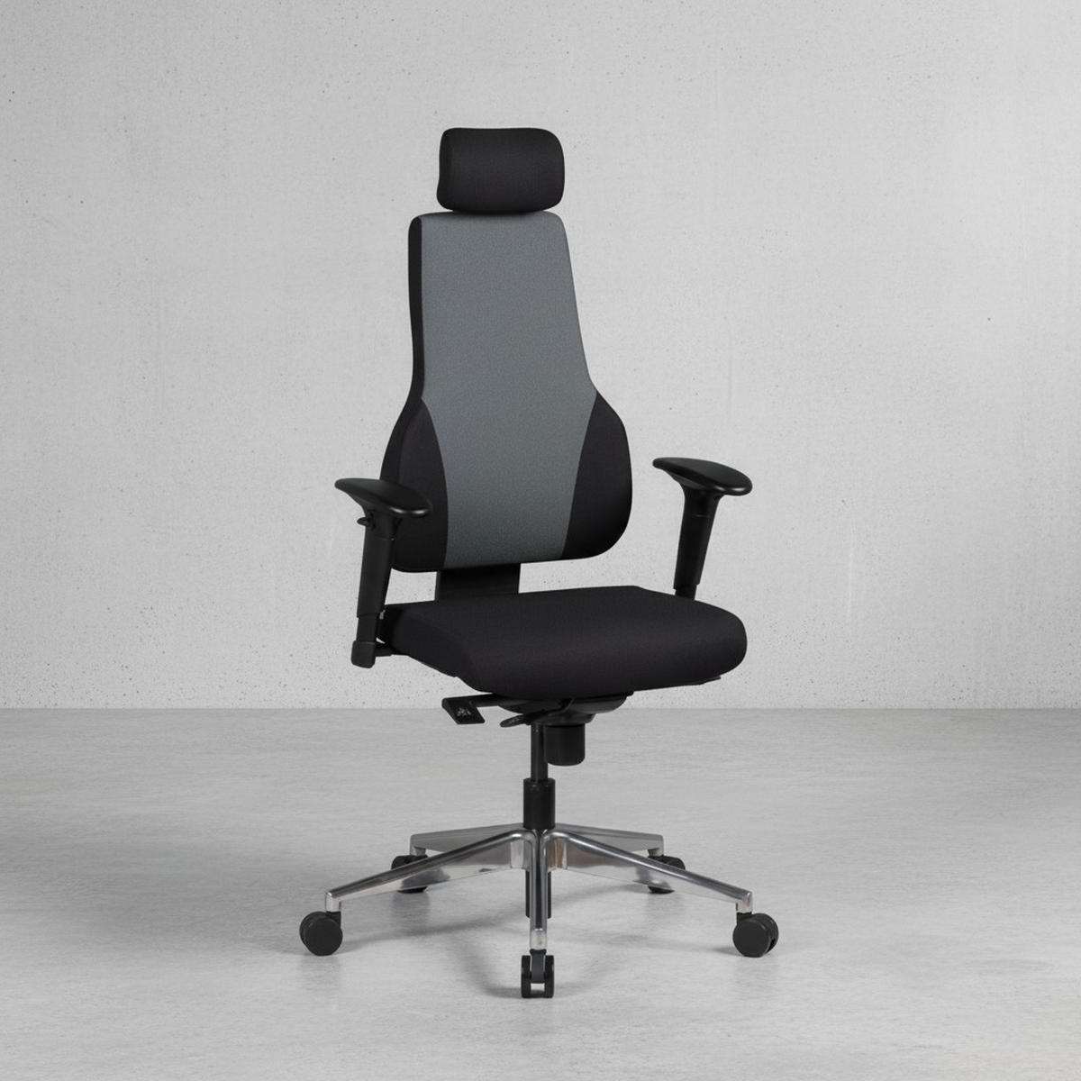 CHEFSESSEL Kunstleder mit 3-Punkt-Synchronmechanik, ergonomischer Rückenlehne, höhenverstellbarer Kopfstütze und Aluminium-Fußkreuz FABIO - Silberfarben/Schwarz, Textil (63/149/63cm) - KADIMA DESIGN