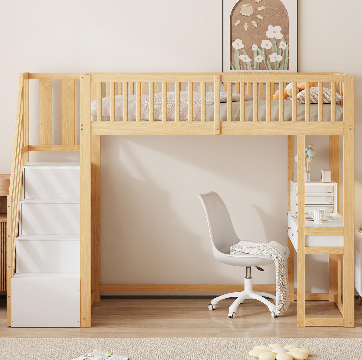 HOCHBETT 90/200 cm aus Kiefer, Sperrholz und MDF mit Tisch und Aufbewahrungstreppe Weiß/Lichteiche - Eichefarben, Holz (90/200cm) - Modenvie