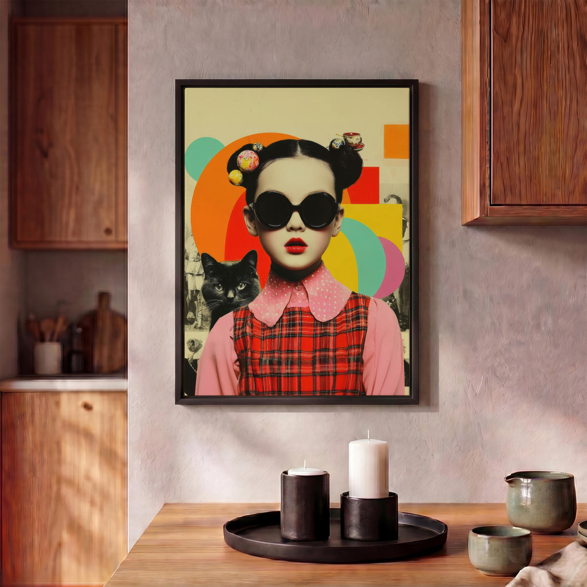 LEINWAND Bilder mit Rahmen - Mädchen - Sonnenbrille - Katze - Retro - 30x40 - Beige, Textil (30/40cm) - MuchoWow