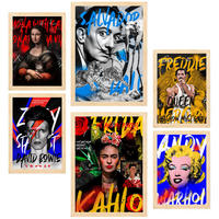 POSTER Set Mit 6 Iconico Graffiti Pop Frida Dali Mercury Bowie Marilyn A3 & A4 Rahmen Aus Hellem Holz - Beige, Papier (29/3cm) - Nacnic