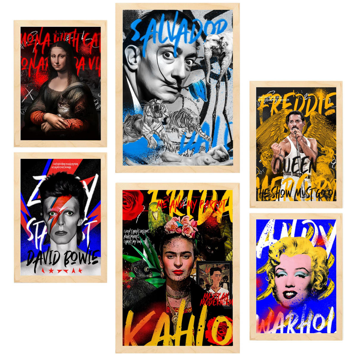 POSTER Set Mit 6 Iconico Graffiti Pop Frida Dali Mercury Bowie Marilyn A3 & A4 Rahmen Aus Hellem Holz - Beige, Papier (29/3cm) - Nacnic