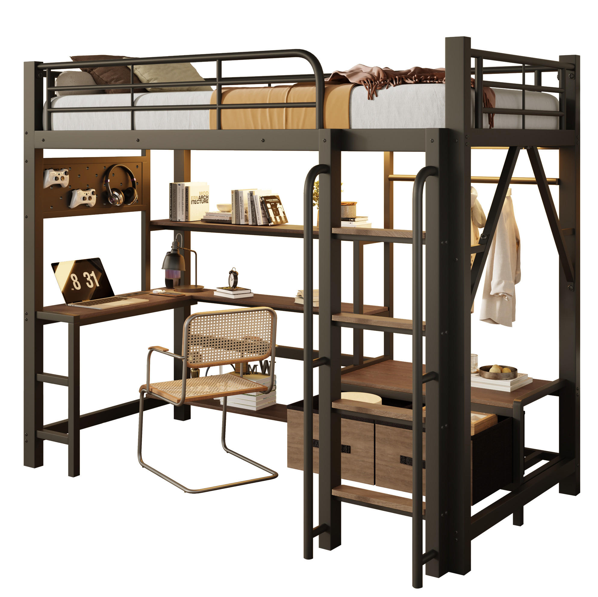 HOCHBETT aus Stahl und MDF 90x200 cm Schwarz mit Schreibtisch, LED-Beleuchtung und Stauraum - Schwarz, Holzwerkstoff (90/200cm) - Modfu