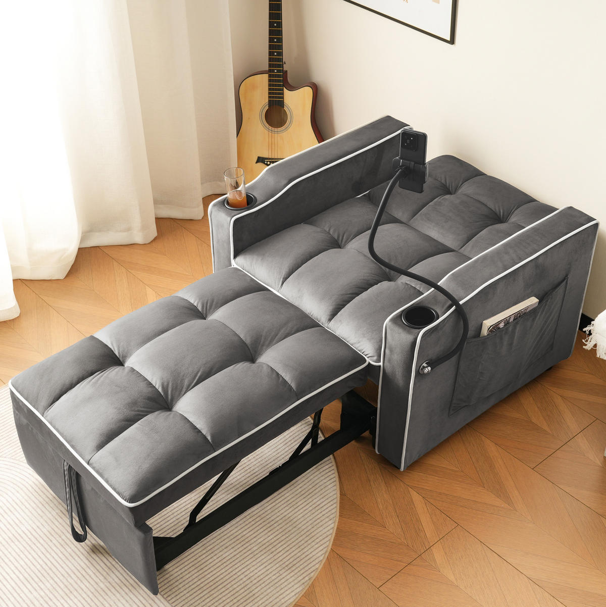 SCHLAFSESSEL Samt 3-in-1 ausziehbar mit Getränkehaltern Antik Dunkelgrau 83/167/76 cm - Dunkelgrau, Textil (83/76/167cm) - Redom