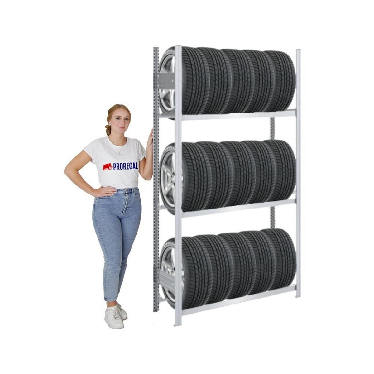 REIFENREGAL TIRE PRO 200x100x43cm 3 Ebenen 150kg Fachlast Bis zu 5 Reifen pro Ebene Verzinkt - Silberfarben, Metall (100/200/43cm) - PROREGAL