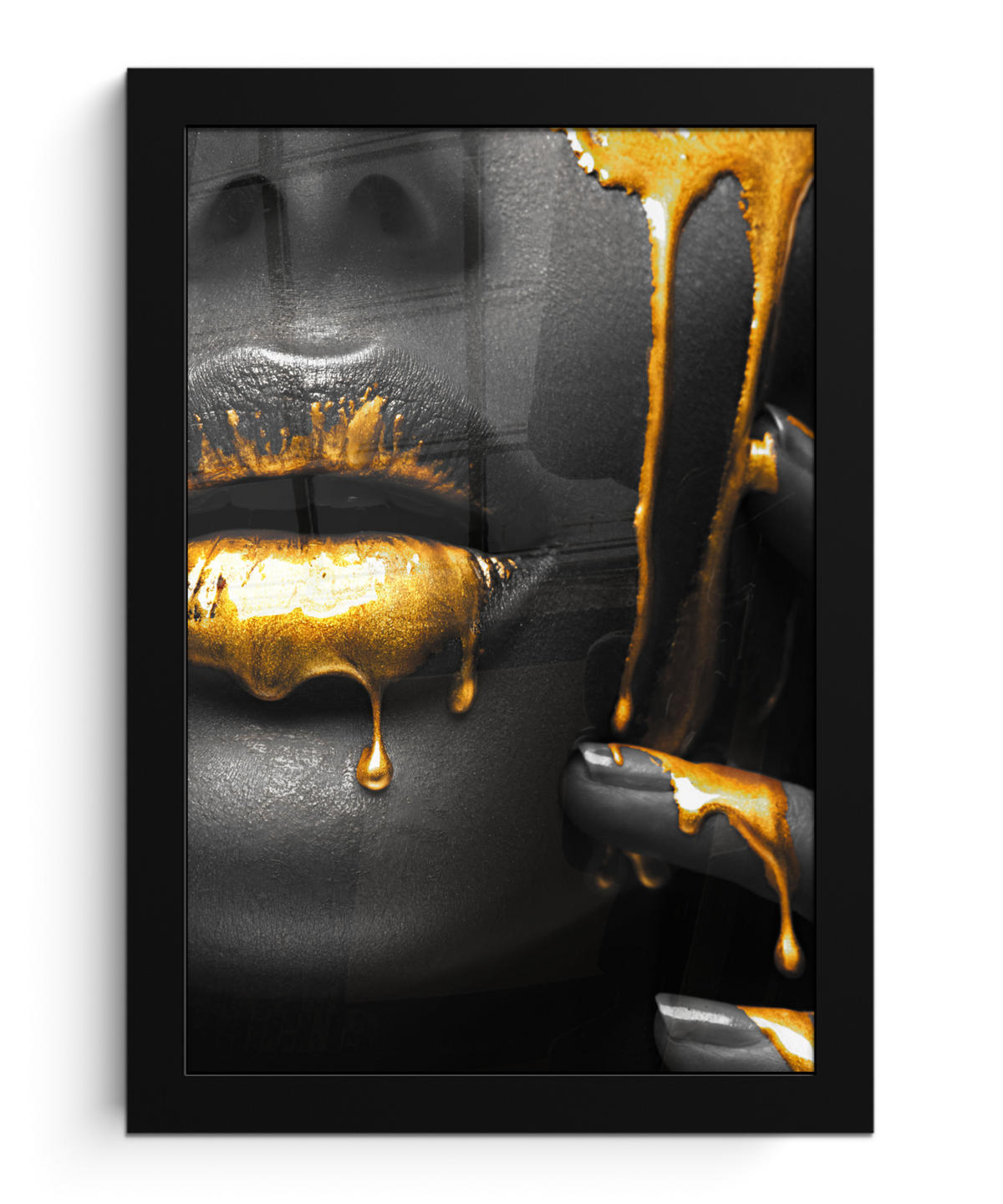 GERAHMTES BILD Frau - Schwarz - Gold - Gesicht - Lippen 20x30 cm - Goldfarben, Papier (20/30cm) - MuchoWow