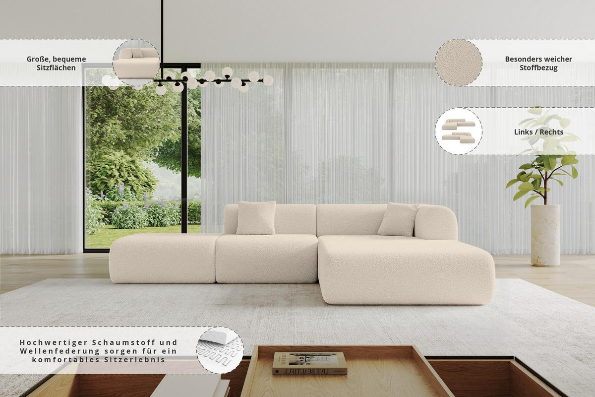 ECKSOFA Ottomane Rechts OVLY-L 289x176x71 Dunkelbeige Bouclé - Schwarz/Cappuccino, Holzwerkstoff/Kunststoff (289/176cm) - ALTDECOR