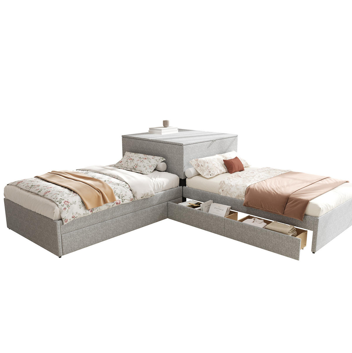 ECKBETT 90/200 cm mit Ausziehbett, Stauraumschrank, 2 Schubladen und Leinenbezug, Grau - Grau, Textil (90/200cm) - Redom